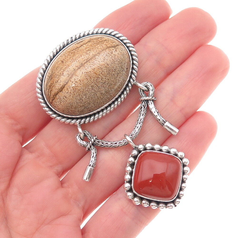 Suarti Bali Sterling Silver Vintage Real Multi-Color Jasper Pin Brooch / Pendant